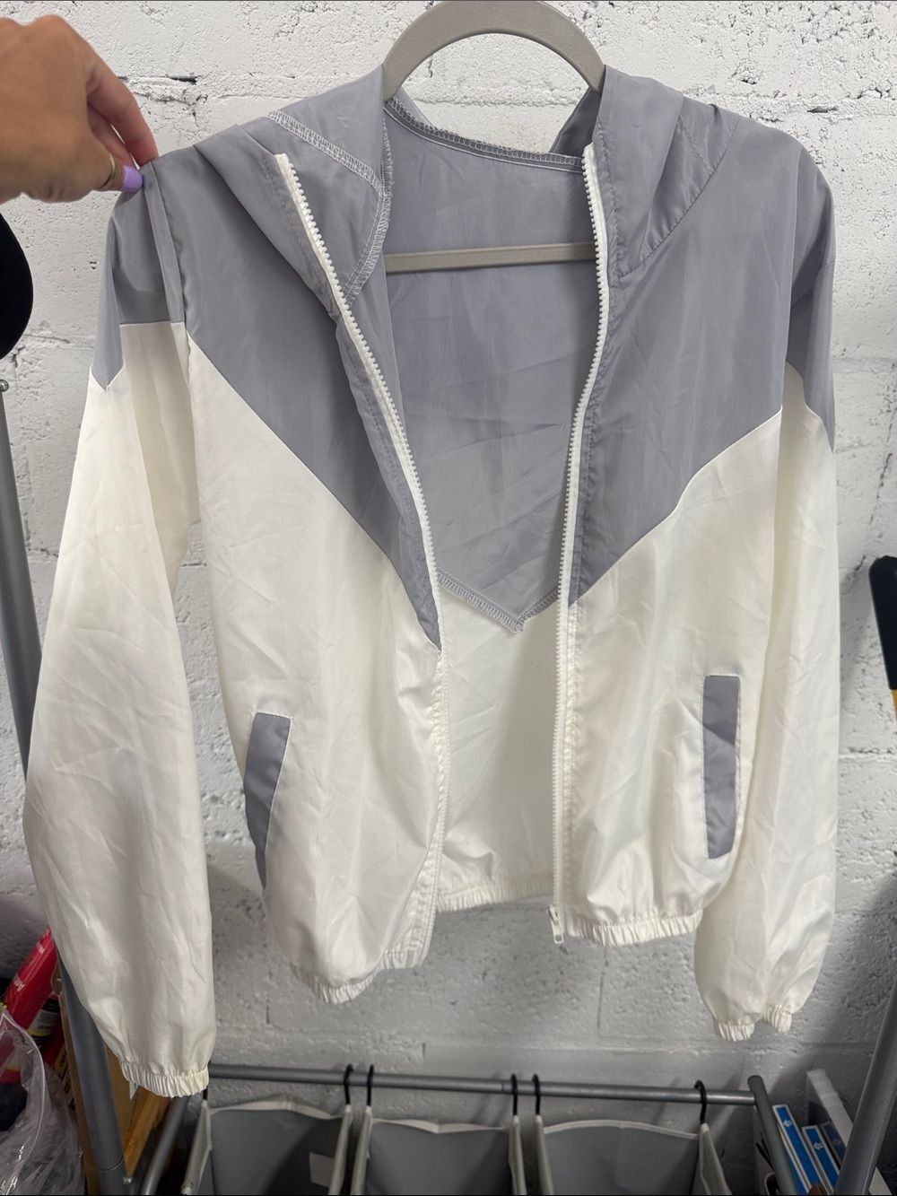 Light Gray & White Hooded Windbreaker Jacket - Size Small - NEVER WORN - Zip Up